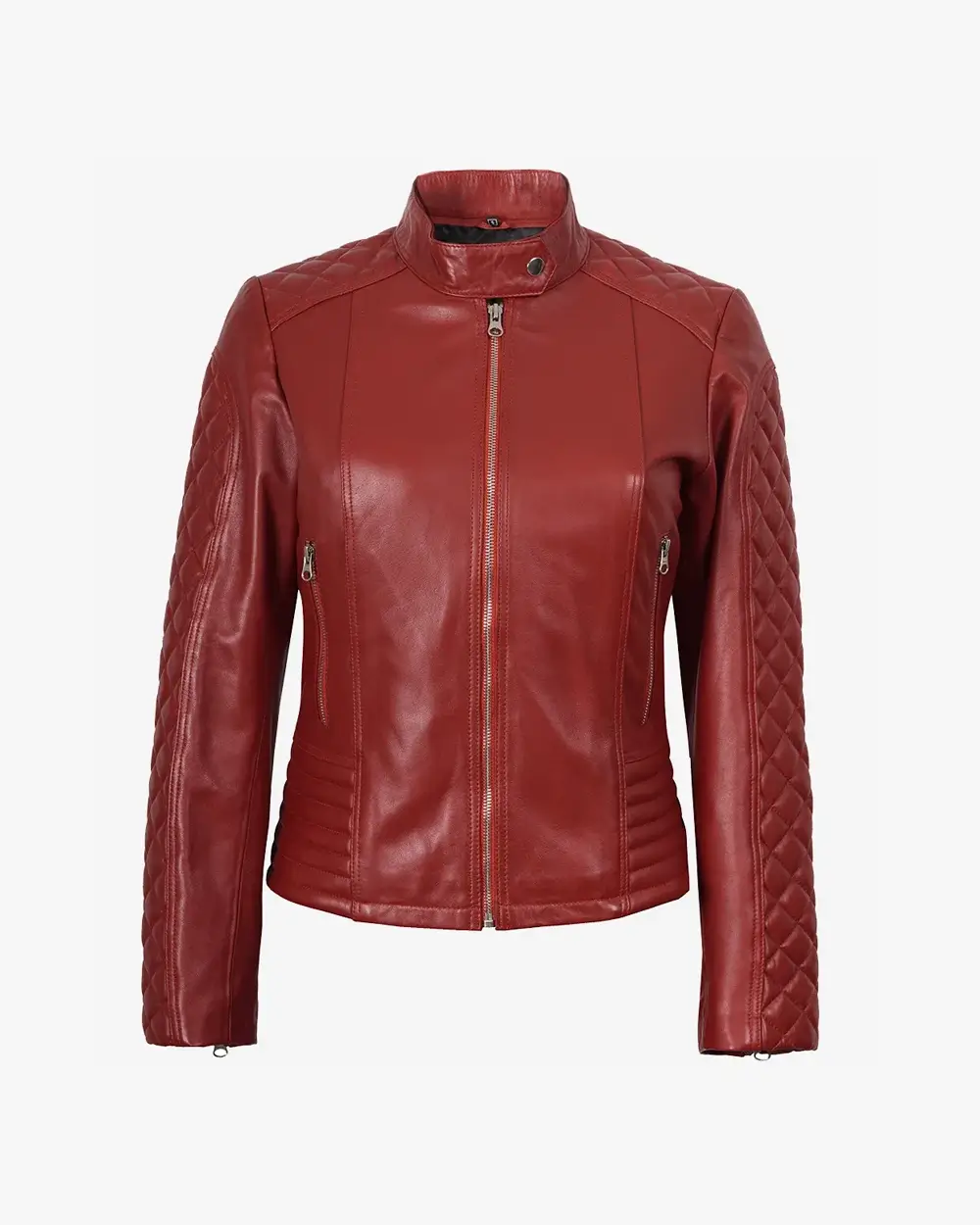 Women's Real Leather Red Quilted Biker Style Jacket - Image 3