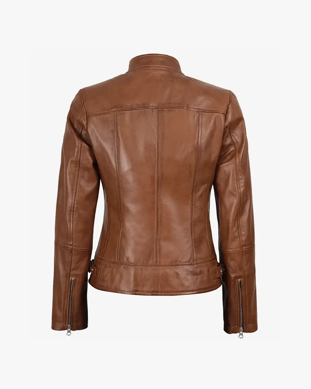 Women's Tan Waxed Slim Fit Biker Style Leather Jacket - Image 5